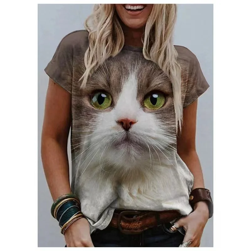 2022 katė 3D spausdinimo moterų Harajuku gyvūnų trumparankoviai vasaros suknelė mados atsitiktinis kvėpuojantis populiarus moteriški marškinėliai Nuotrauka 4