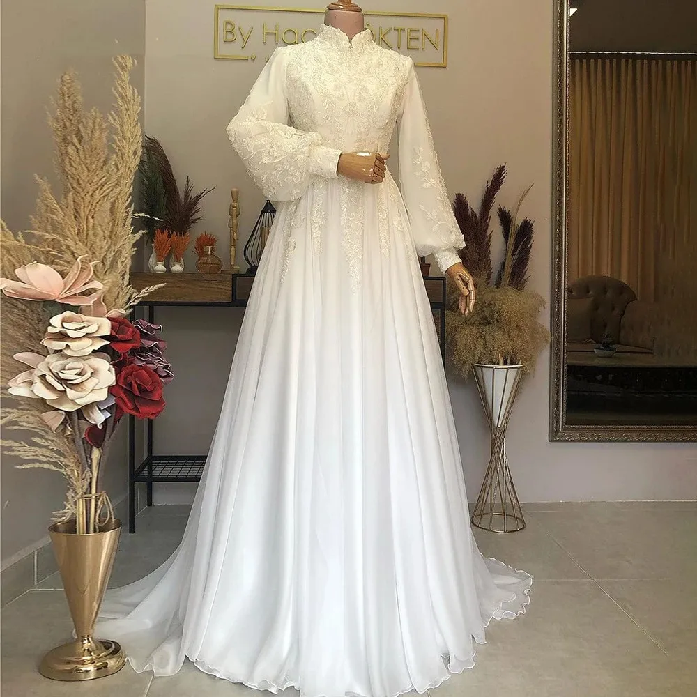 Aso Ebi Arabų Musulmonų Vestuvių Suknelės Aukšto Kaklo Nėrinių Santuoka, Vestuvinės Suknelės Maroko Visą Rankovėmis Lady Oficialų Komplektai, Baltos Spalvos Dramblio Kaulu Nuotrauka 1