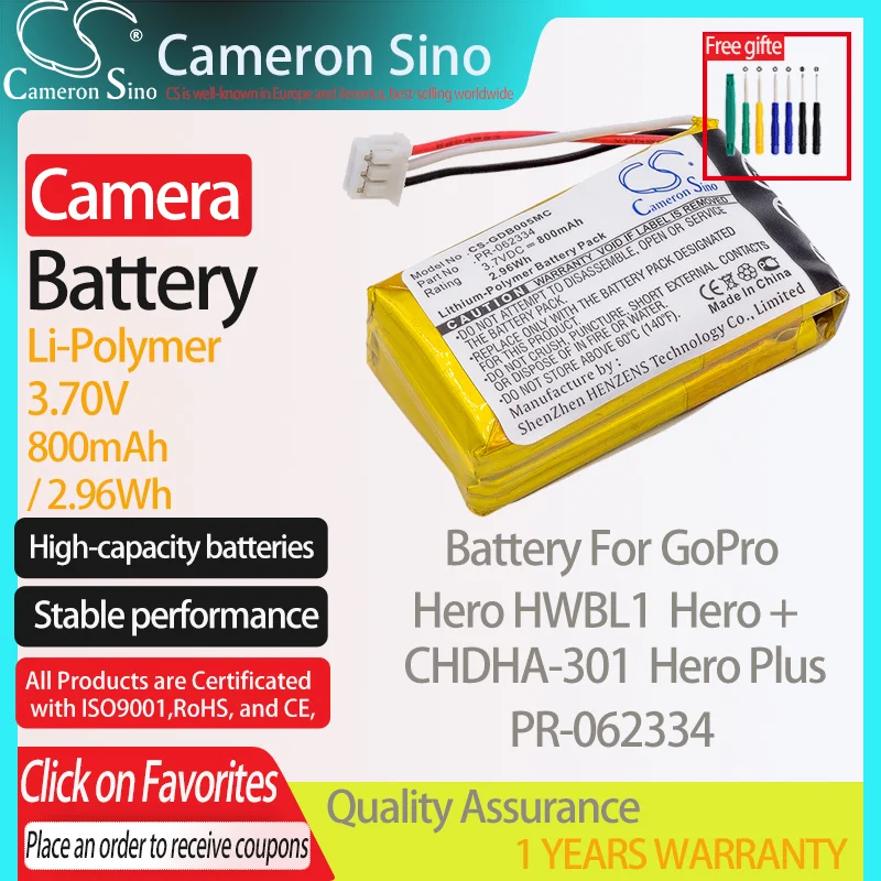 CameronSino Baterija GoPro Hero HWBL1 CHDHA-301 Herojus Plius Herojus + tinka GoPro PR-062334 fotoaparato baterija 800mAh 3.70 V Li-Polimero Nuotrauka 2
