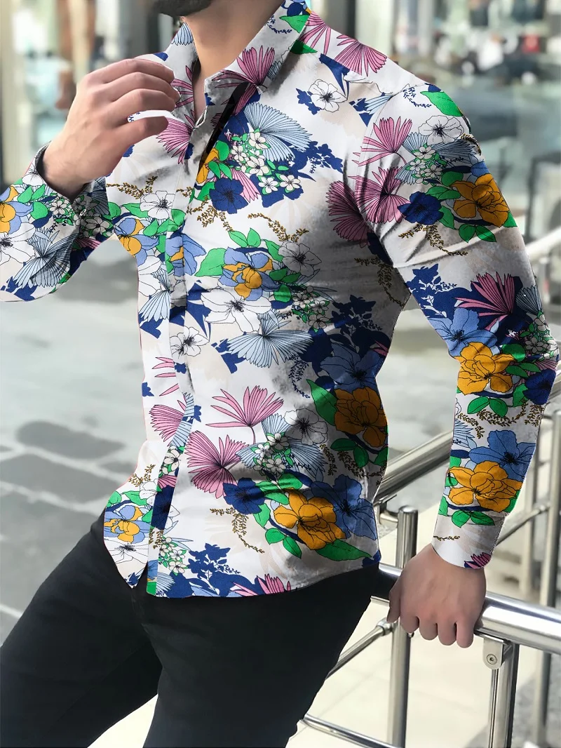 Camisas florales de manga larga de Otoño de 2021 para hombres camisas estampadas con flores de corte delgado para hombres cami Nuotrauka 0