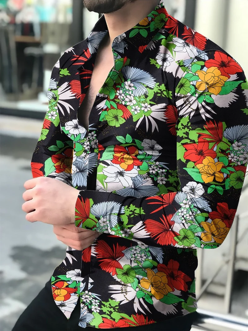 Camisas florales de manga larga de Otoño de 2021 para hombres camisas estampadas con flores de corte delgado para hombres cami Nuotrauka 1