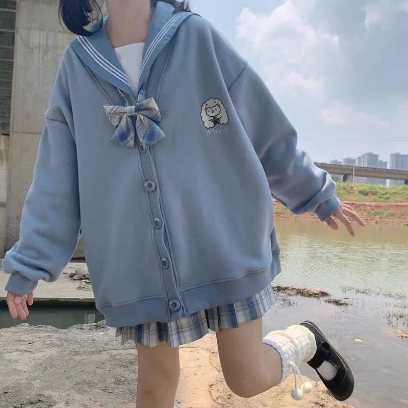 HOUZHOU Kawaii Mielas Hoodie Moterų Japonijos Streetwear Minkštas Mergina Negabaritinių Mygtuką Iki Preppy Stilius Atsitiktinis Animacinių filmų Pagrindinio Gobtuvu Nuotrauka 0