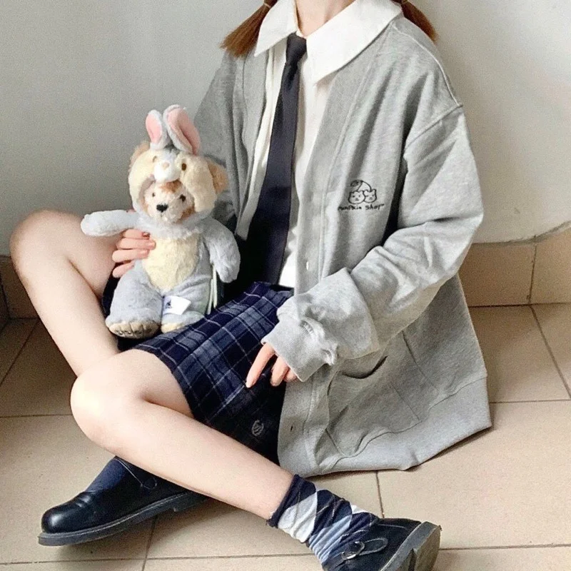 HOUZHOU Kawaii Mielas Hoodie Moterų Japonijos Streetwear Minkštas Mergina Negabaritinių Mygtuką Iki Preppy Stilius Atsitiktinis Animacinių filmų Pagrindinio Gobtuvu Nuotrauka 1