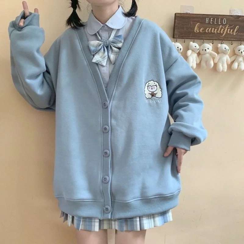 HOUZHOU Kawaii Mielas Hoodie Moterų Japonijos Streetwear Minkštas Mergina Negabaritinių Mygtuką Iki Preppy Stilius Atsitiktinis Animacinių filmų Pagrindinio Gobtuvu Nuotrauka 2