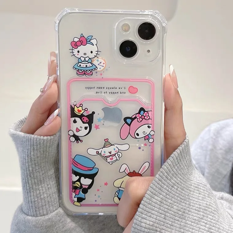 Mielas Sanrio Hello Kitty Su Kortelės Turėtojo Telefono dėklas Skirtas iPhone 14 13 12 11 Pro Max XR XS MAX X 7/8Plus Anti-drop Minkštas Galinį Dangtelį Nuotrauka 5