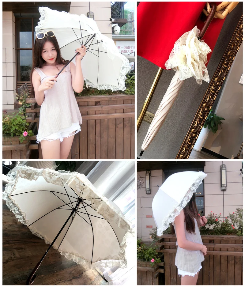 Moterų Peixin skėtis balta gėlė ilga rankena skėtis retro gėlių lenkta rankena nėrinių skėčiai nuo lietaus ir saulės skėčiai skėčiai Nuotrauka 1