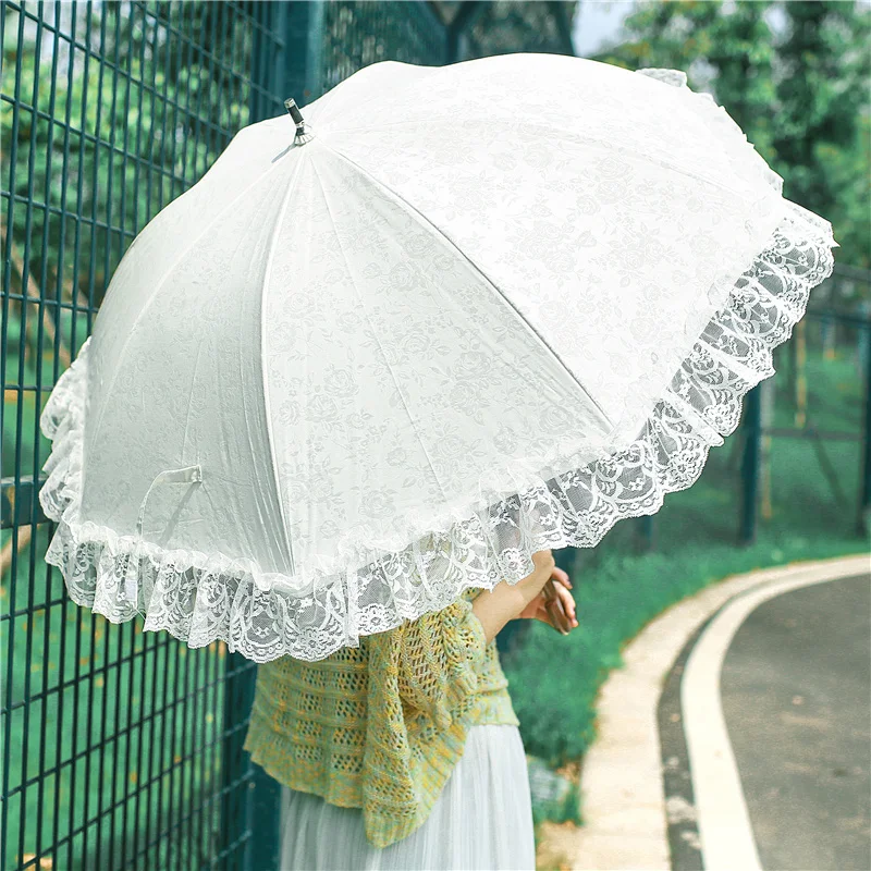 Moterų Peixin skėtis balta gėlė ilga rankena skėtis retro gėlių lenkta rankena nėrinių skėčiai nuo lietaus ir saulės skėčiai skėčiai Nuotrauka 3