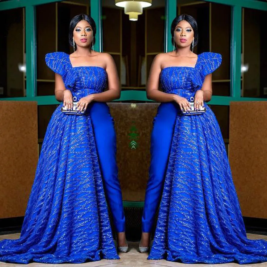 Spalvingas Nigerijos Nėrinių Vakaro Suknelė stilingas Vestuvių Svečių Royal Blue Vieną Petį Jumpsuit Prom Chalatai chalatas de soiree Nuotrauka 1
